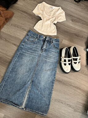 High-Waist Midi Denim Skirt with Front Slit